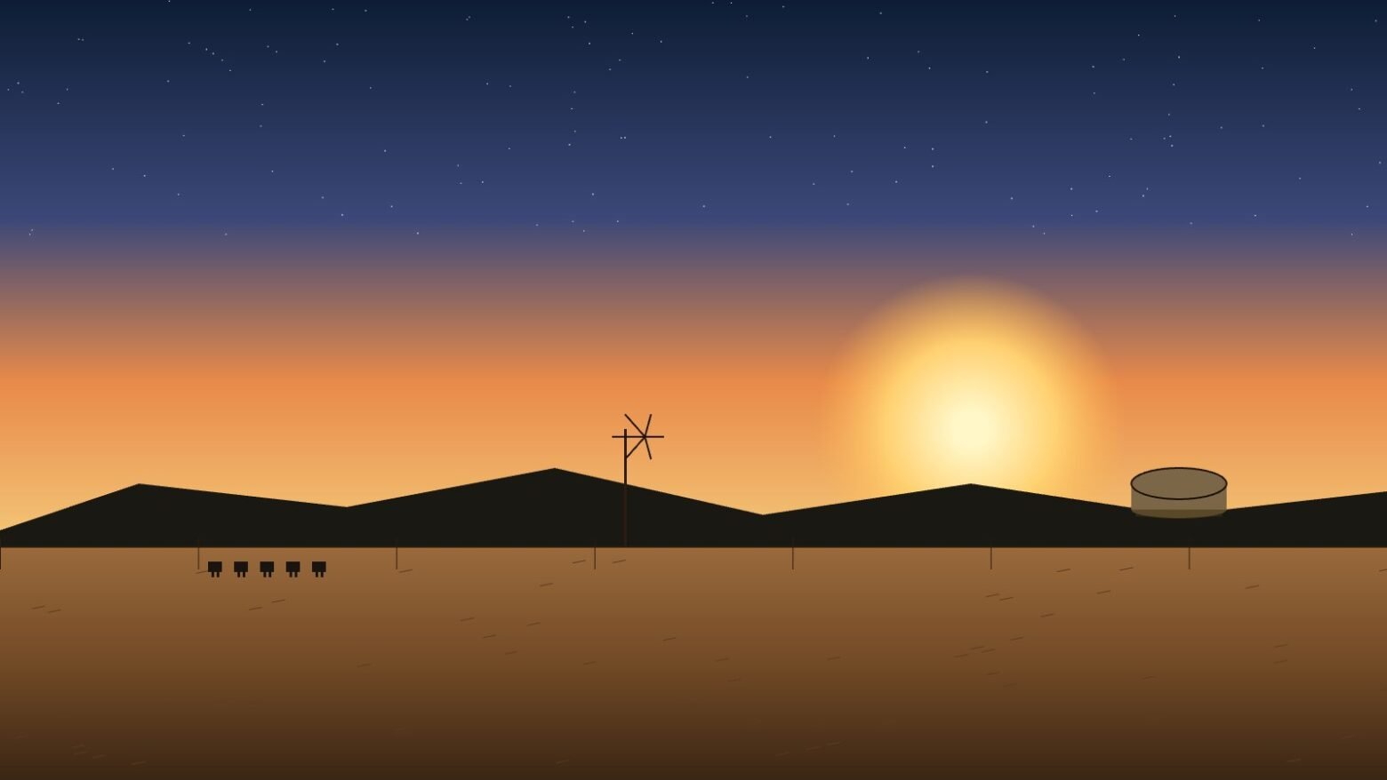 Head of Marketing AgTech Sydney - remote Australian farming station at sunset with windmill, cattle and water infrastructure, decorative artwork