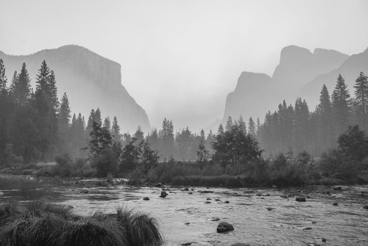 Mountain lake landscape in black and white