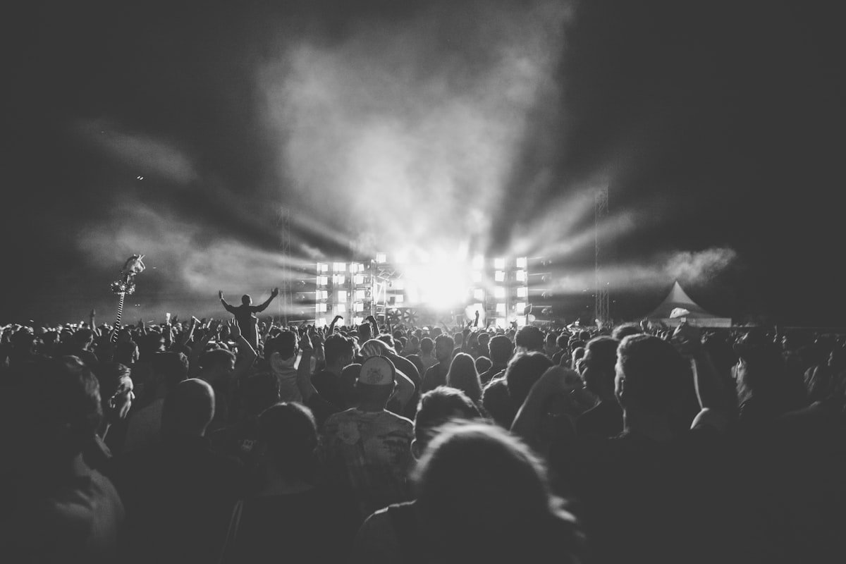 Crowd at a live show in black and white