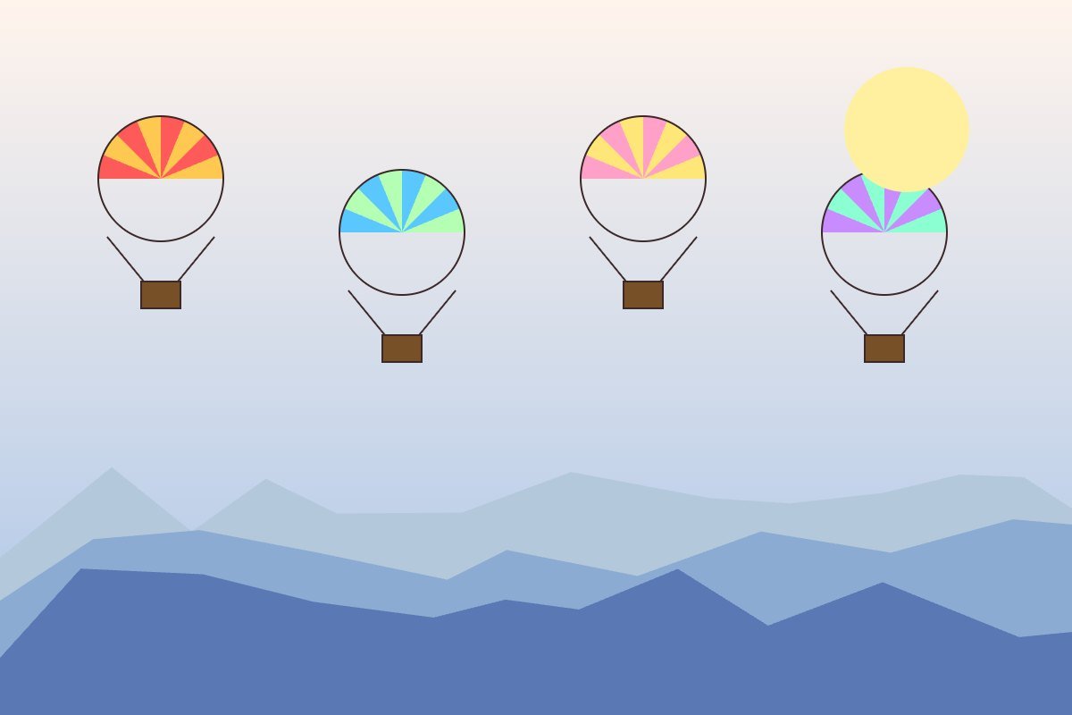 Hot air balloons drifting over pastel mountain layers, decorative artwork
