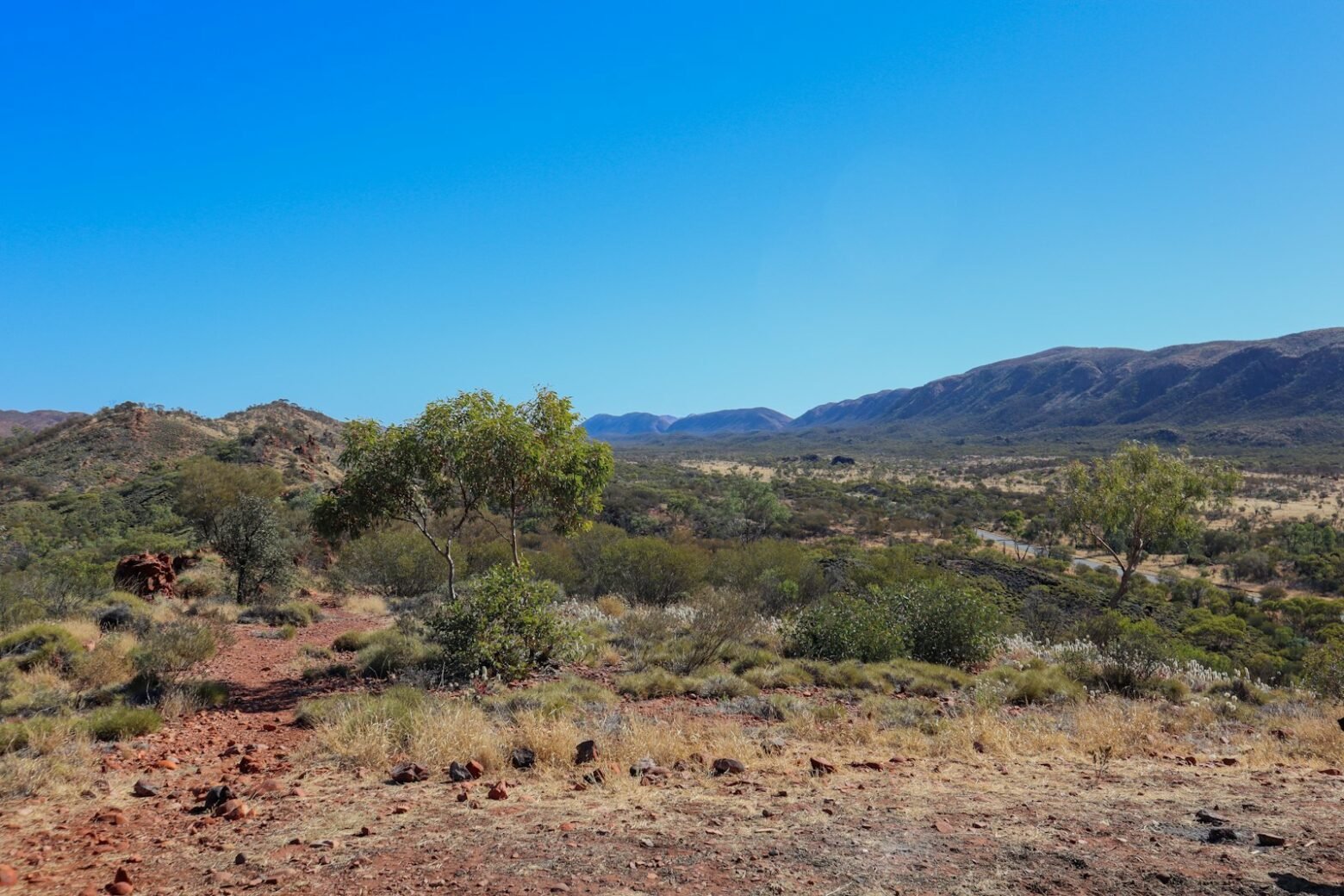 Red dirt trail through the Central Australian outback near Alice Springs, Northern Territory
