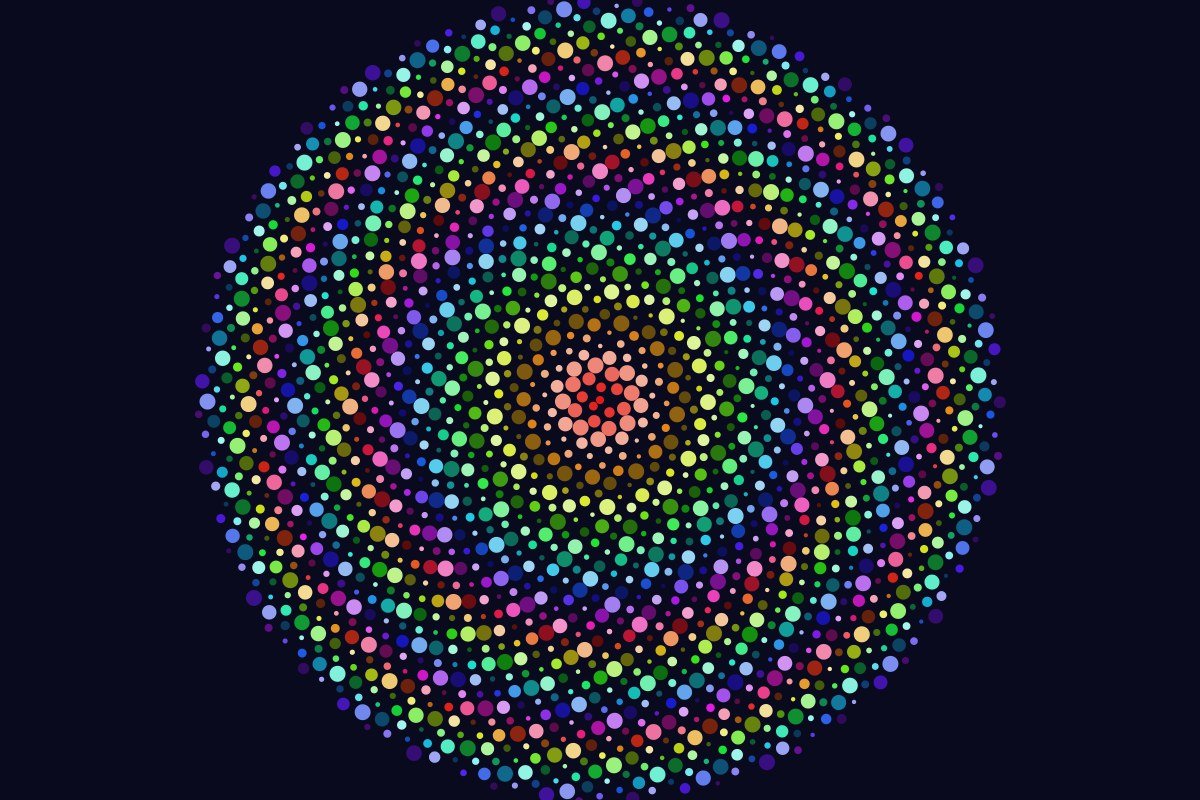 Phyllotaxis spiral in pastel rainbow on dark background, decorative artwork