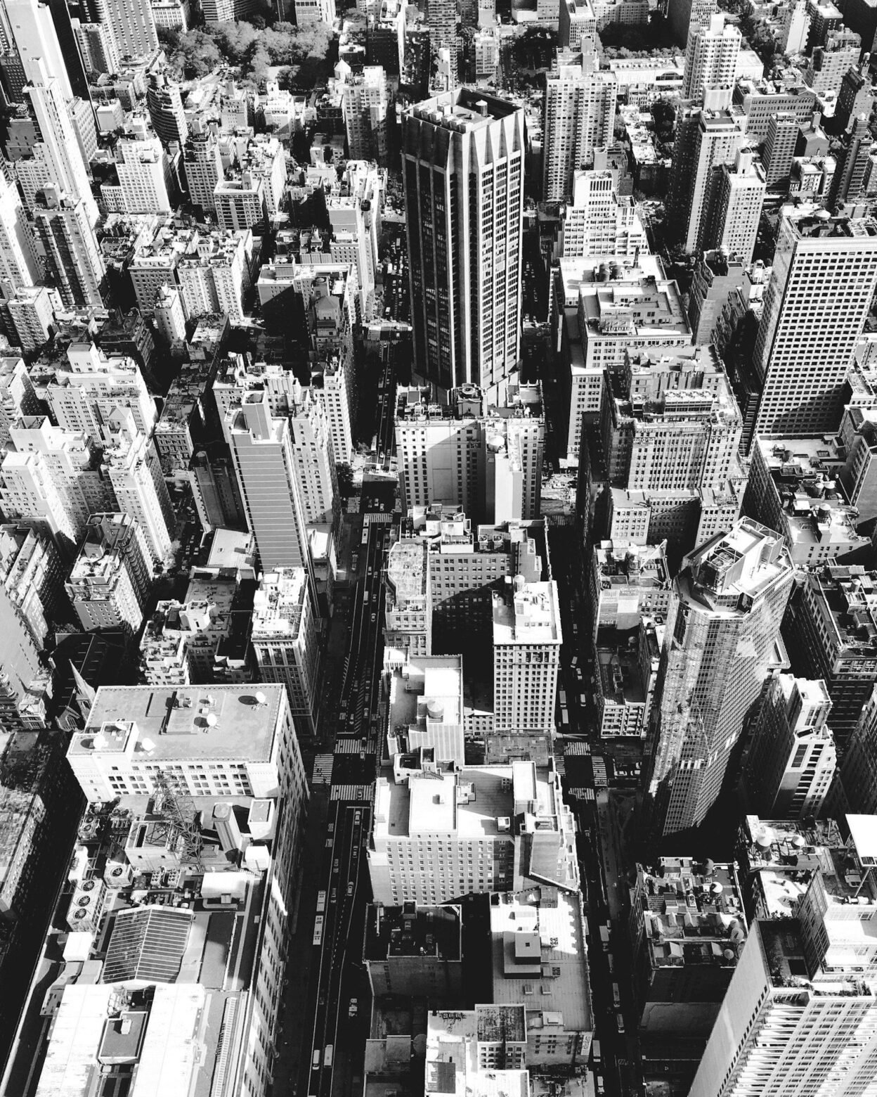 Black and white aerial photo of New York City buildings