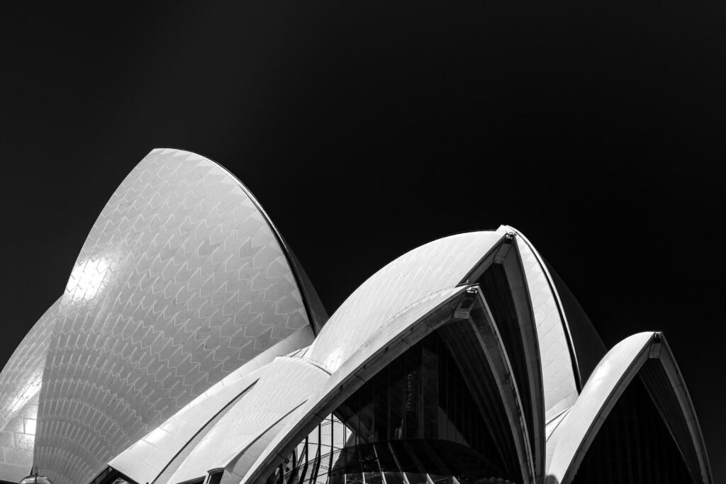 Sydney city buildings in black and white, seen from street level