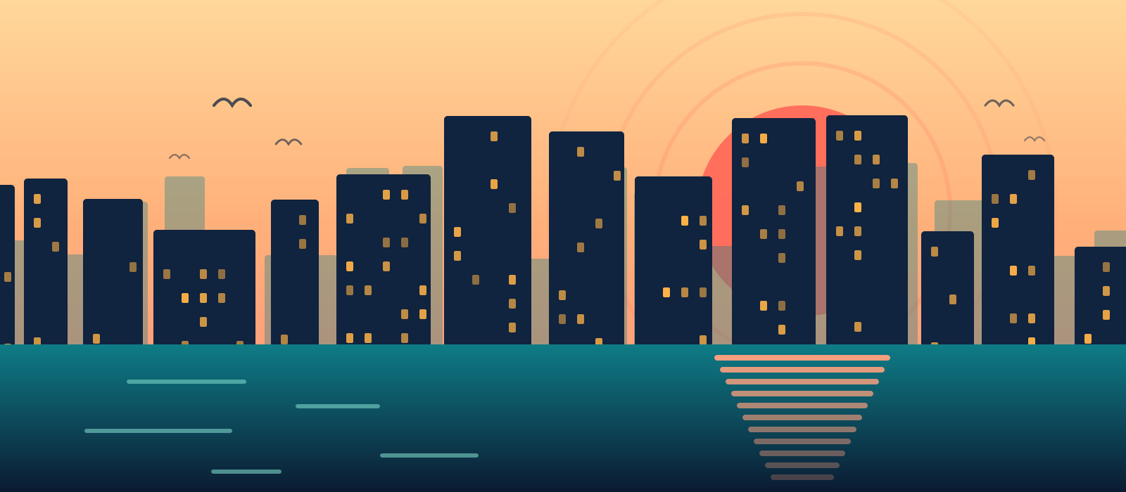 Illustrated Sydney skyline at sunrise