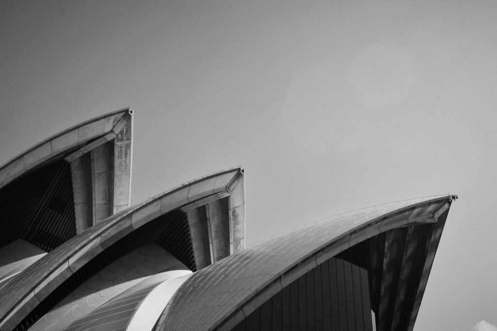Sydney Harbour in black and white, viewed from the water